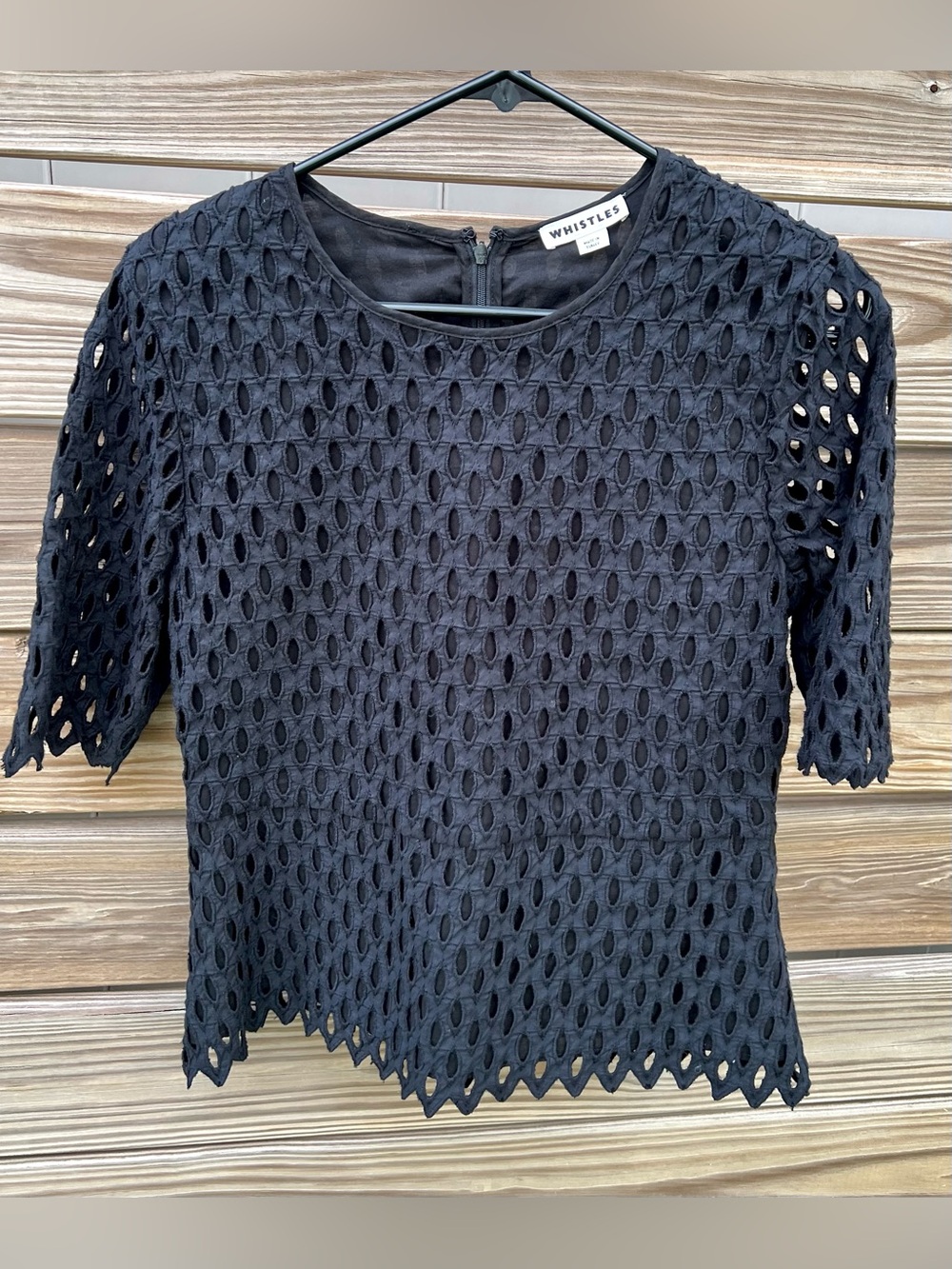 Whistles 100% Cotton Black Eyelet Short Sleeve Blouse Scalloped Hem Women’s SZ M
